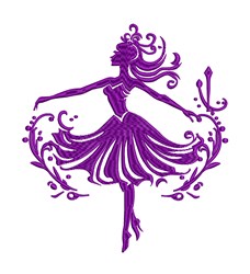 Elegant dancer in a flowing dress with floral embellishments, captured in a whimsical pose, featuring purple hues.