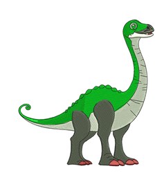Playful green dinosaur cartoon with a long neck, gray accents, and cheerful expression; perfect for birthday celebrations.