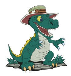 Playful dinosaur wearing a large hat, vibrantly green with yellow accents, standing on rocks among small plants.