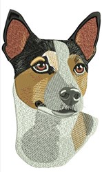 Realistic dog face portrait with brown, black fur, and expressive eyes, featuring detailed embroidery texture.