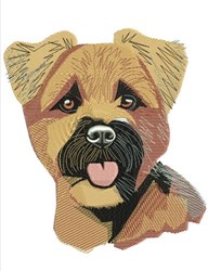 Realistic dog face portrait with light brown fur and dark accents, showcasing a friendly expression.