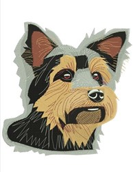 Realistic dog portrait featuring detailed fur patterns in black, brown, and grey with bold outlines.