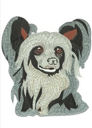Realistic dog portrait with fluffy grey and black fur, pointed ears, and vivid eyes, showcasing detailed stitching.