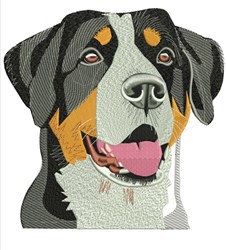 Realistic dog face with textured fur in black, brown, and white, featuring a friendly expression.
