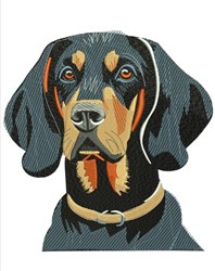 Realistic dog portrait with a lifelike blend of black and brown fur and detailed textures. Alert expression.