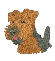 Dog portrait showcasing a realistic face with textured fur and expressive eyes, featuring warm browns and greys.