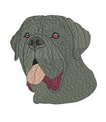 Realistic dog portrait with textured gray and brown fur, showcasing a friendly expression and visible tongue.