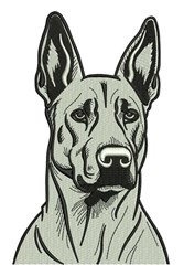 Realistic dog head portrait with bold black outlines and muted colors, showcasing expressive features.