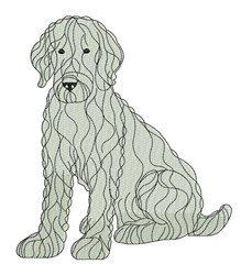Silhouette of a seated dog with flowing lines, minimalist style, soft colors, perfect for embroidery.