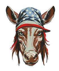 Realistic donkey wearing a star-patterned bandana in shades of brown, red, and blue, perfect for a patriotic theme.