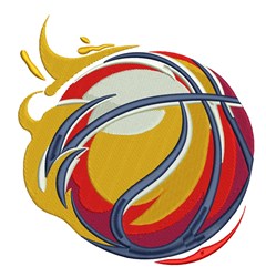 Dynamic basketball design with vibrant yellow, red, and blue colors, conveying motion with fluid lines.