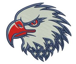 Patriotic eagle head with bold red beak, striking eyes, blue outlines, and stars in red, white, and blue accents.