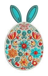 Decorative Easter egg with vibrant floral patterns, featuring teal bunny ears and a light background. Perfect for festive dec