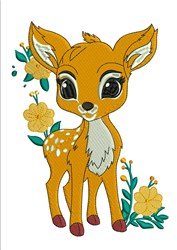 Cute fawn with orange fur and large eyes among yellow flowers and green leaves, perfect for spring-themed projects.