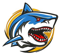 Cartoon shark in blue with red eyes, sharp teeth, and a vibrant yellow circular backdrop. A playful design.