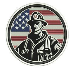 Patriotic firefighter figure in bold colors, set against the American flag in a circular design.