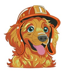 Cartoon dog in a firefighter hat with golden fur and bright blue eyes, perfect for playful children's items.