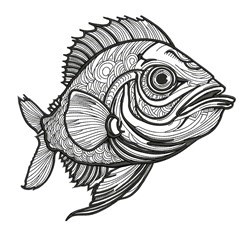 Detailed line art fish with intricate patterns and scales, showcased in a stylized monochromatic design.