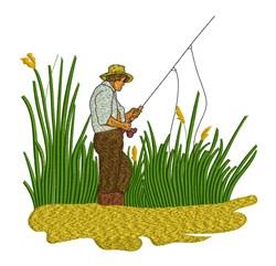 Fisherman in a straw hat stands by water's edge, surrounded by tall grass and earthy tones, perfect for outdoor themes.