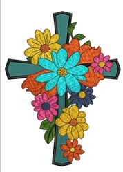 Vibrant floral cross detail with colorful daisies and roses, perfect for Easter decor.