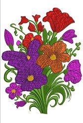 Vibrant flower bouquet featuring purple, orange, and red blooms with lush green leaves, perfect for spring decor.