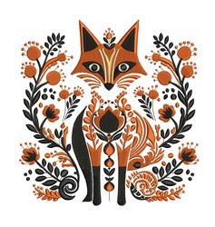 Folk Art Fox - 4x4 leaf detailed machine embroidery design for kitchen tea towels