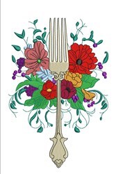 Decorative fork adorned with colorful red, pink, and purple flowers, complemented by lush green foliage.