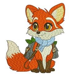 Cartoon fox with vibrant orange fur, blue scarf, and backpack, perfect for adventurous embroidery.