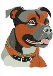 Applique dog head with vibrant orange and gray hues, wearing a green and orange bandana and black collar.