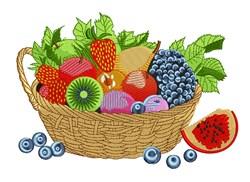 Vibrant basket of mixed fruits with strawberries, blueberries, and watermelon slice, surrounded by lush green leaves. Perfect