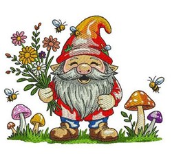 detailed mushroom machine embroidery pattern - Garden Gnome for reusable tote bags