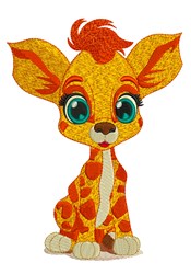 Cartoon giraffe with bright orange fur, large blue eyes, and a playful expression, perfect for children’s apparel.