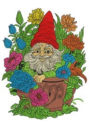 Cheerful gnome with a red hat in a colorful flower pot, surrounded by vibrant blooms and lush green foliage. Perfect for spri