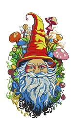 Colorful gnome with red hat and blue beard, surrounded by vibrant mushrooms and foliage, perfect for spring.
