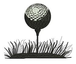 Golf ball on tee with dimples, resting above lush grass, perfect for sporting events and outdoor themes.