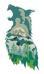 Modern applique howling wolf silhouette with detailed mountains and forest in earthy tones.