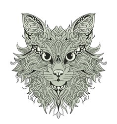 Intricate cat face featuring detailed fur patterns and expressive eyes in monochrome line art style.