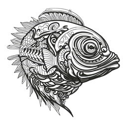Intricate line art fish head with detailed scales and swirling patterns in monochrome design.