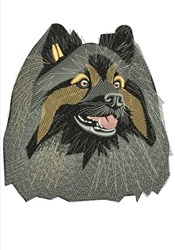 Keeshond portrait featuring detailed fur textures and expressive face in gray, black, and golden brown.