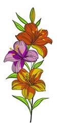 Colorful lilies with orange, purple, and yellow petals, accented by lush green leaves in a detailed design.