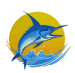 Vibrant marlin leaps from ocean waves under a bright sun, ideal for summer beachwear and fishing apparel.