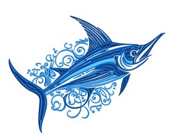 Stylized marlin with swirling blue designs and detailed patterns, illustrating a dynamic oceanic theme.