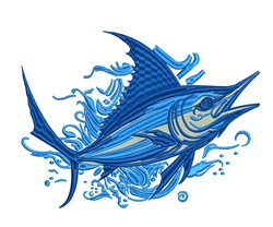 Vibrant marlin in blue shades with detailed fins, swimming through swirling waves in a dynamic design.