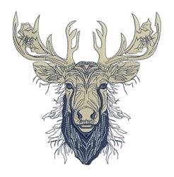Detailed moose head featuring majestic antlers and a textured beard in muted beige and dark blue tones.