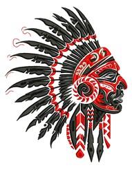 Bold Native American warrior profile with a striking black and red feathered headdress, showcasing intricate details.