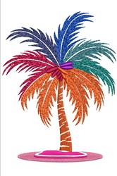 Vibrant palm tree with colorful blue, green, orange, and purple leaves on a pink base, perfect for summer.