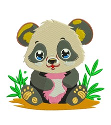 Cute panda bear in applique style, holding a pink element and surrounded by green bamboo leaves on the ground.