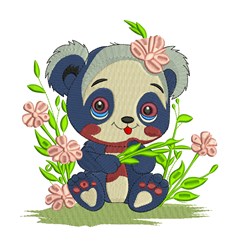 Cute panda surrounded by vibrant pink flowers and green leaves, perfect for spring, in playful embroidery design.