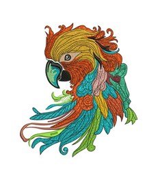 Vibrant parrot head with detailed orange, green, and blue feathers, perfect for tropical-themed embroidery.