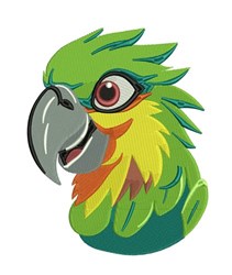 Whimsical parrot with vibrant green feathers, colorful beak, and large eye, perfect for fun embroidery projects.